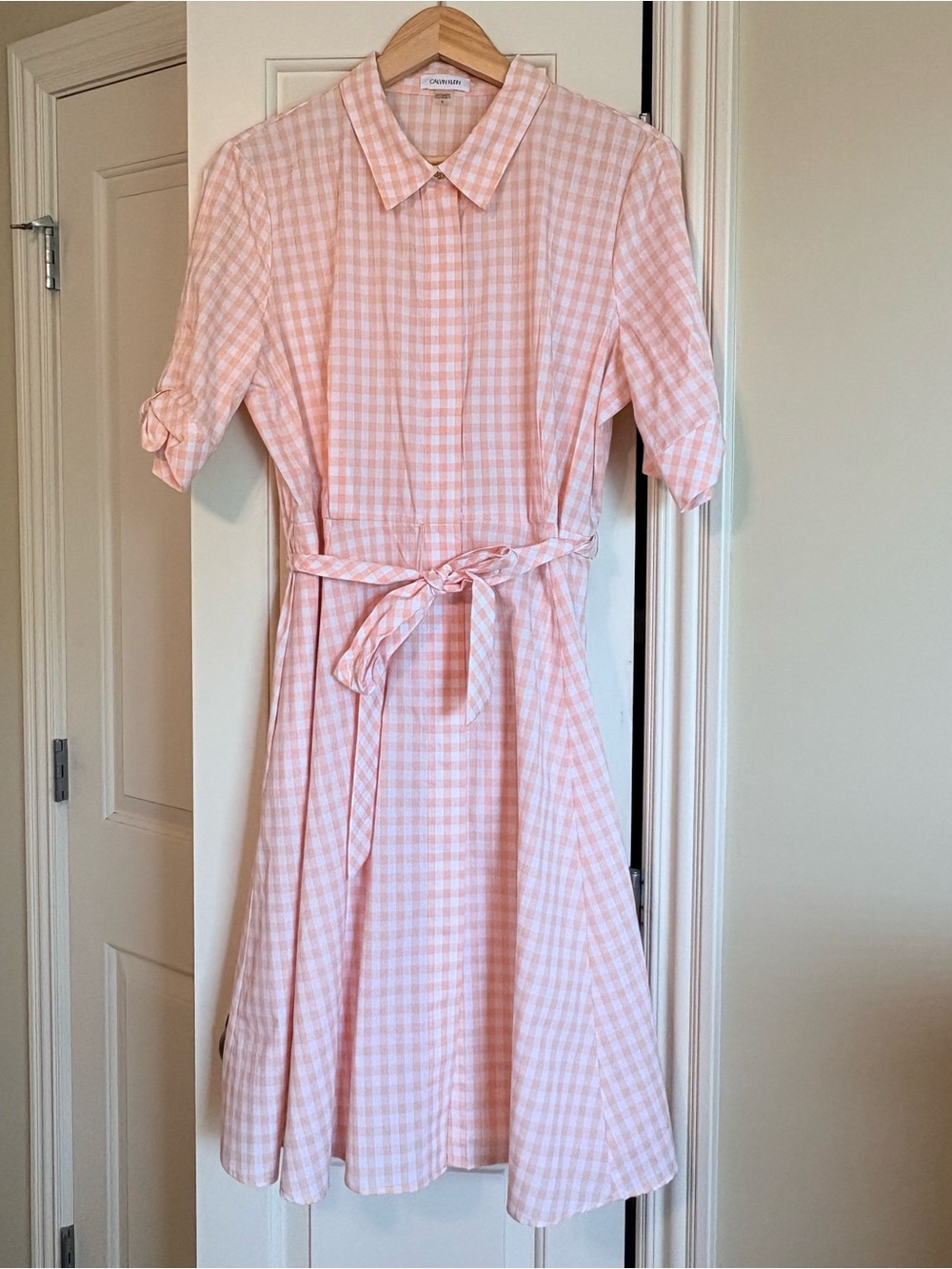 Calvin Klein Women's Size 14 Peach Gingham Midi Belted Shirt Dress Fit & Flare